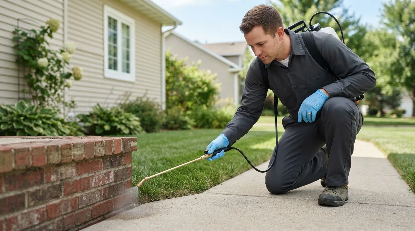 Pest control technician treating a home near Allen, KS